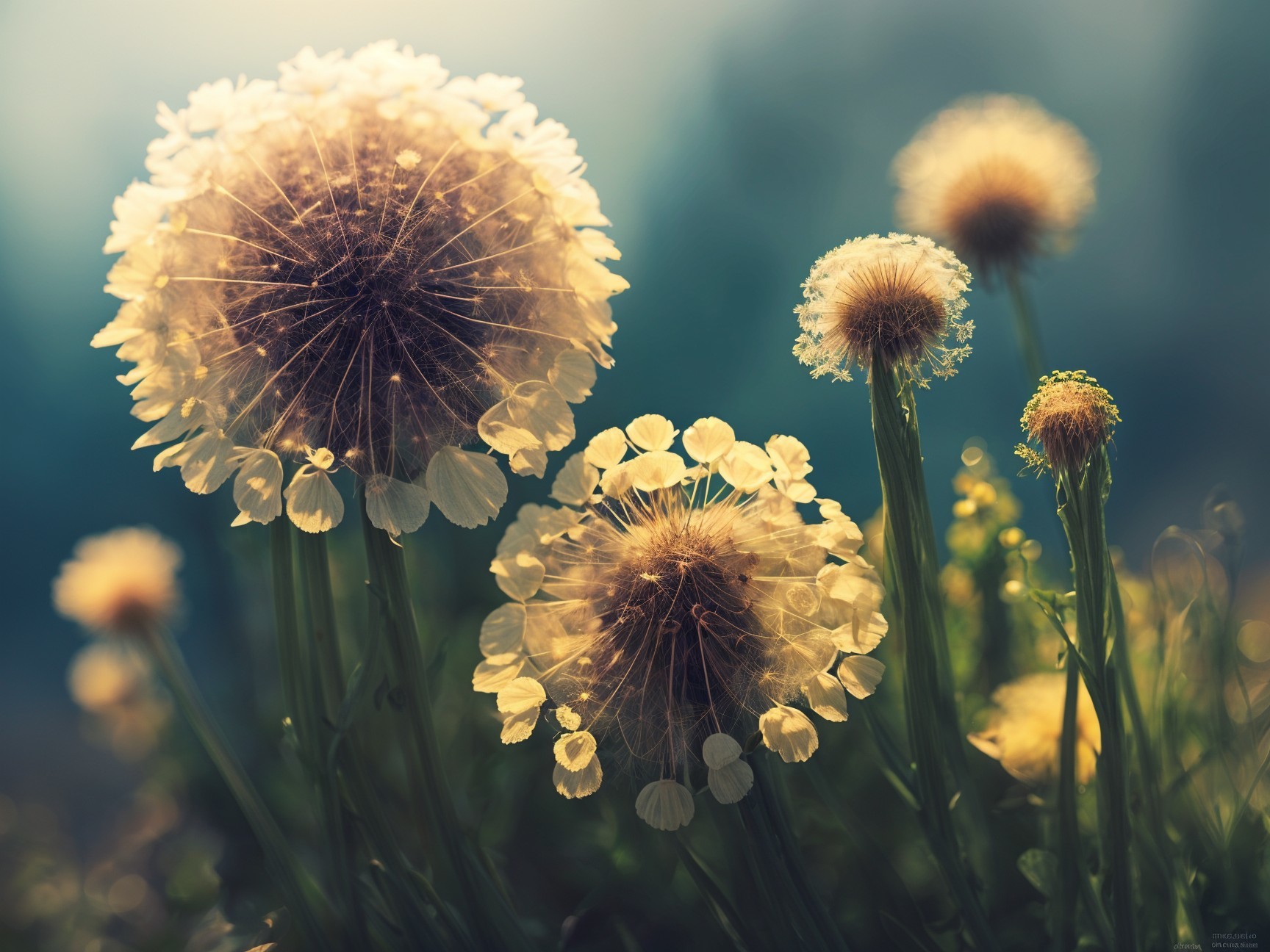 Dandelion Puffballs in Soft Sunlight and Greenery
