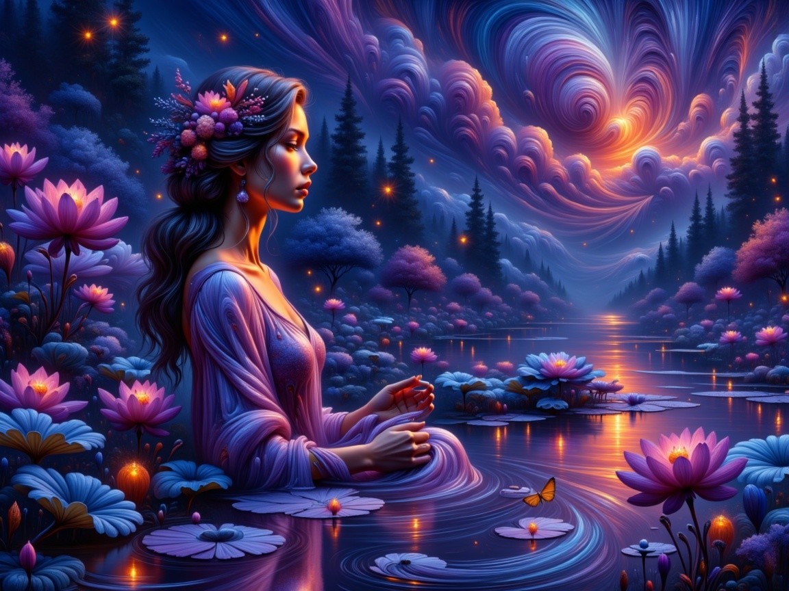 Serene Woman in Tranquil Pond with Lotus Flowers