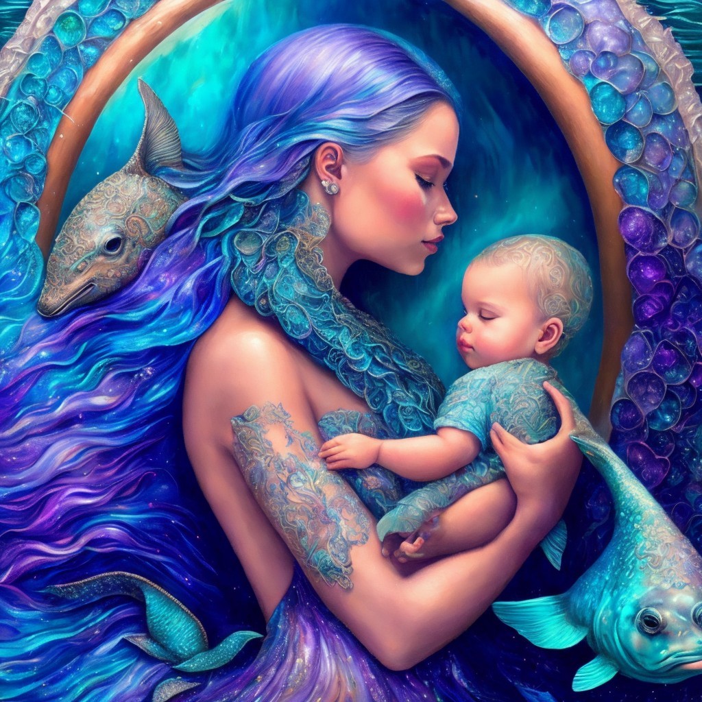 Ethereal Scene of Woman with Baby and Aquatic Elements