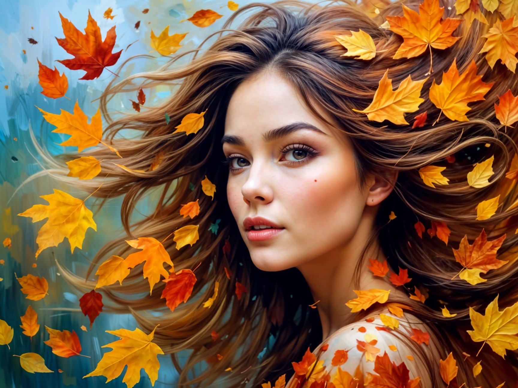 Young Woman with Autumn Leaves in Colorful Background