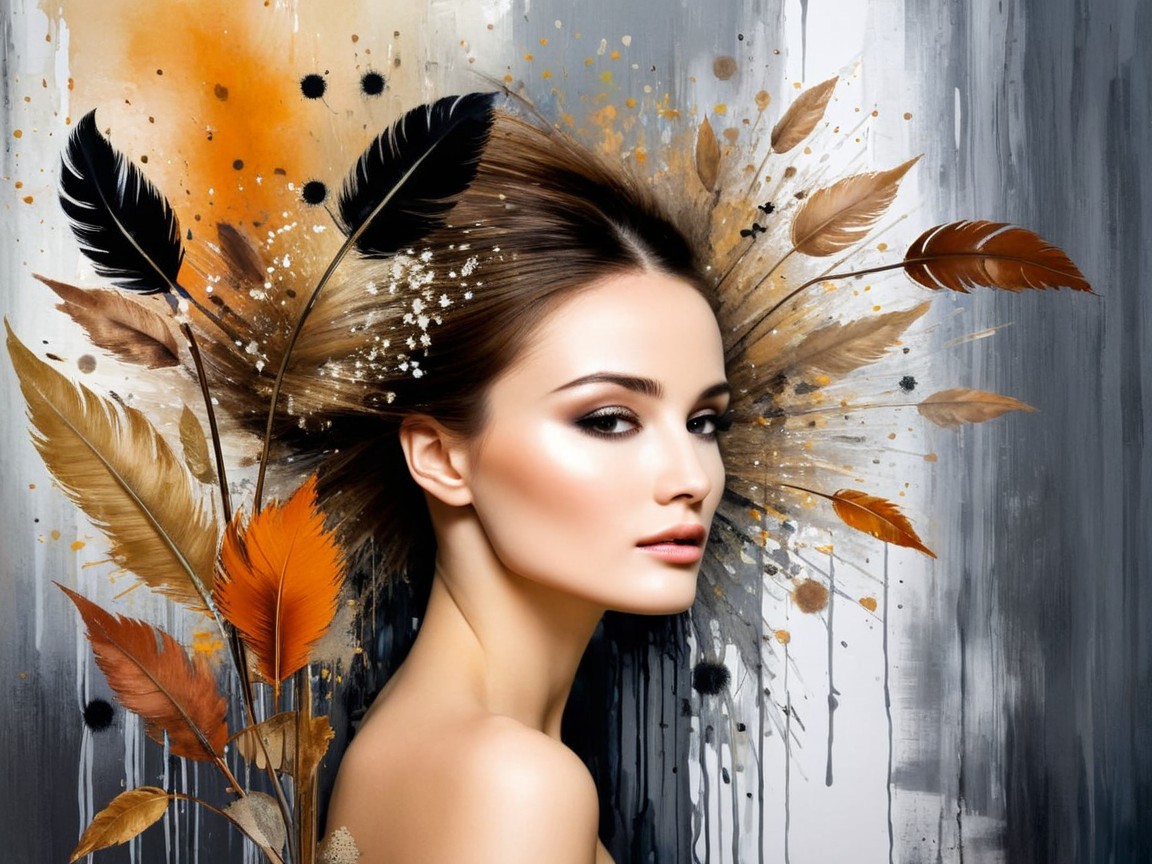 Portrait of a woman amidst vibrant leaves and feathers