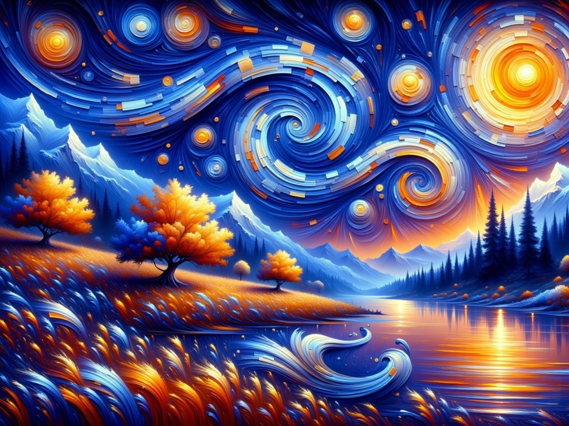 Vibrant landscape with starry skies and mountains
