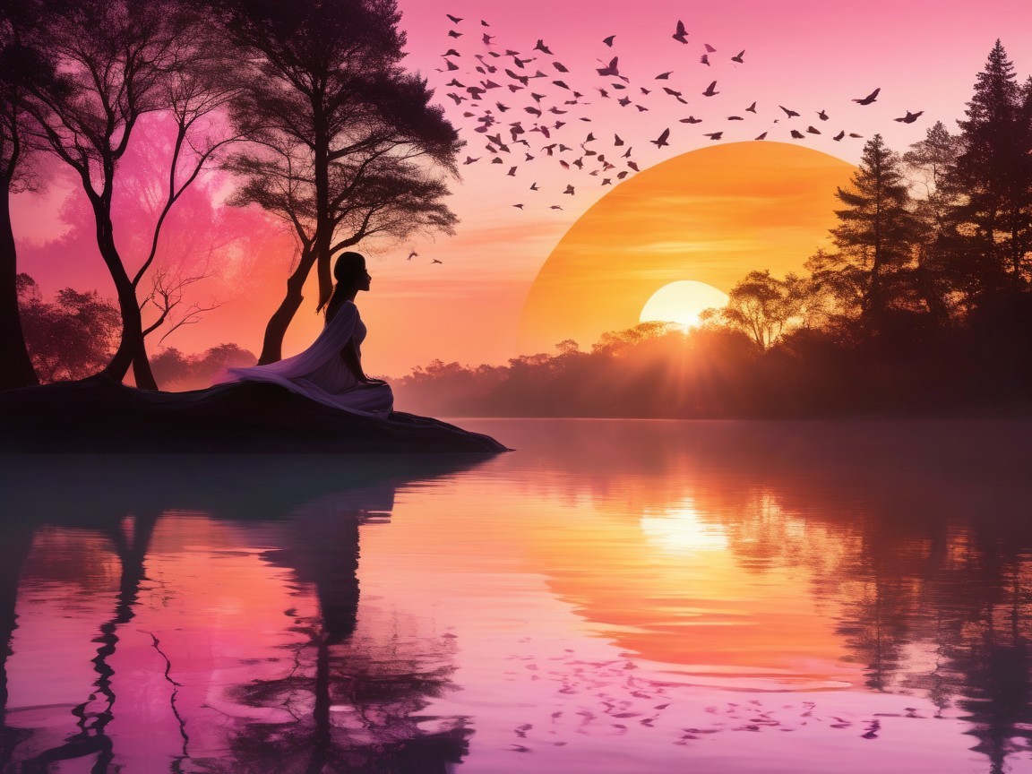 Serene Sunset Over Tranquil Lake with Silhouetted Figure