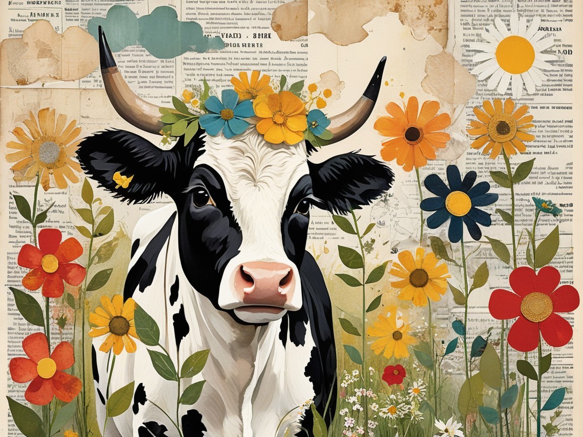 Black-and-White Cow with Floral Crown and Wildflowers