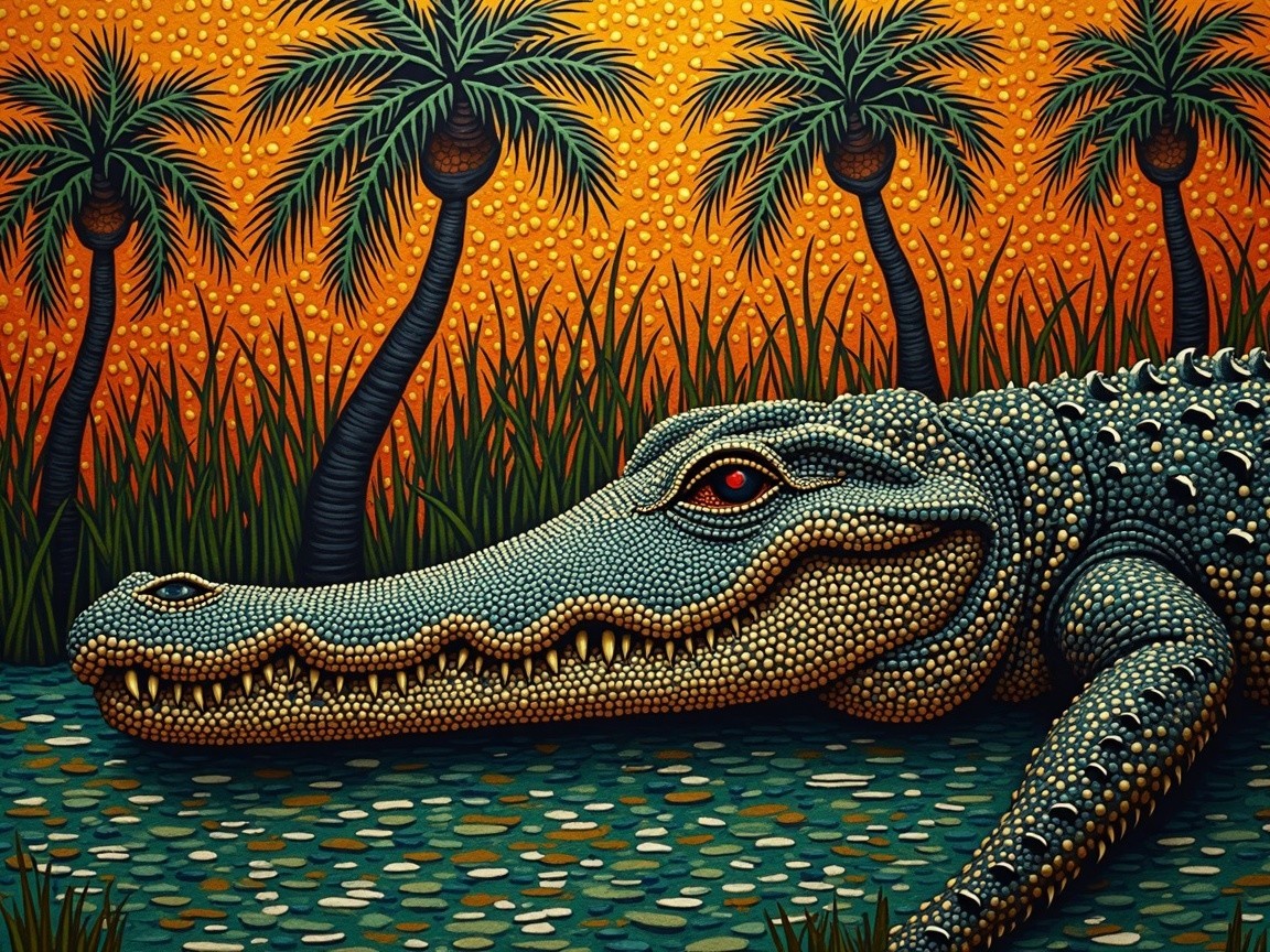 Stylized crocodile with sunset and tropical scenery