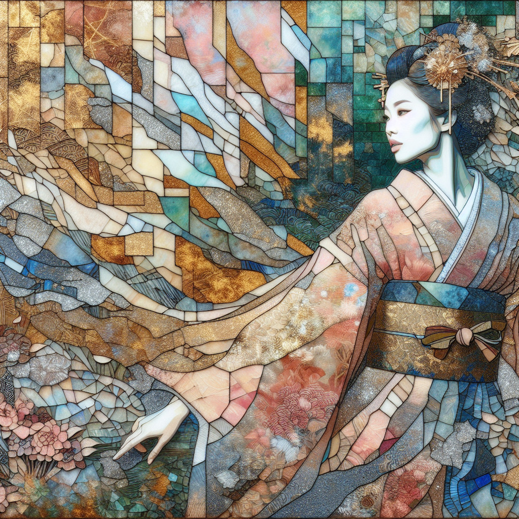 Stylized Woman in Kimono with Mosaic Background