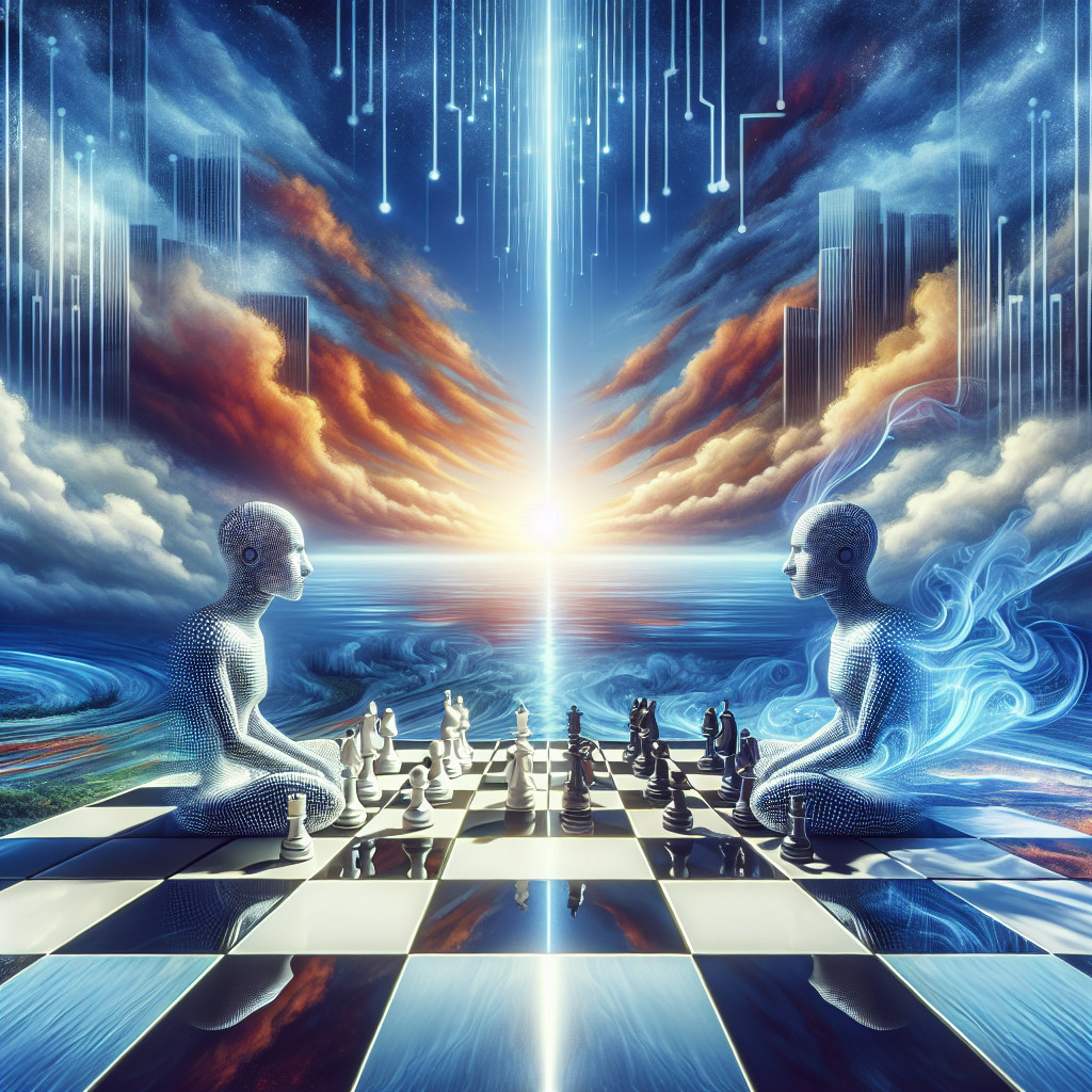 Surreal Chess Scene with Humanoid Figures and Cosmic Sky