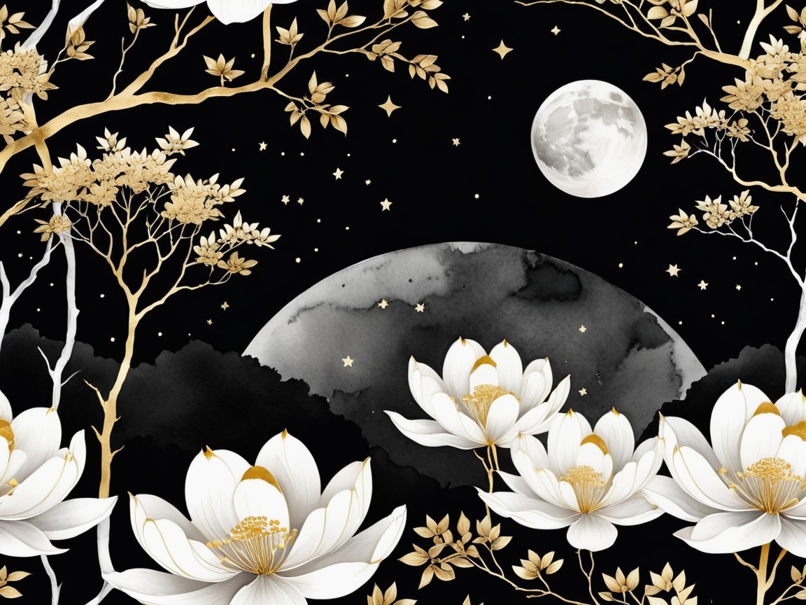 Elegant White Lotus Flowers Under a Starry Sky