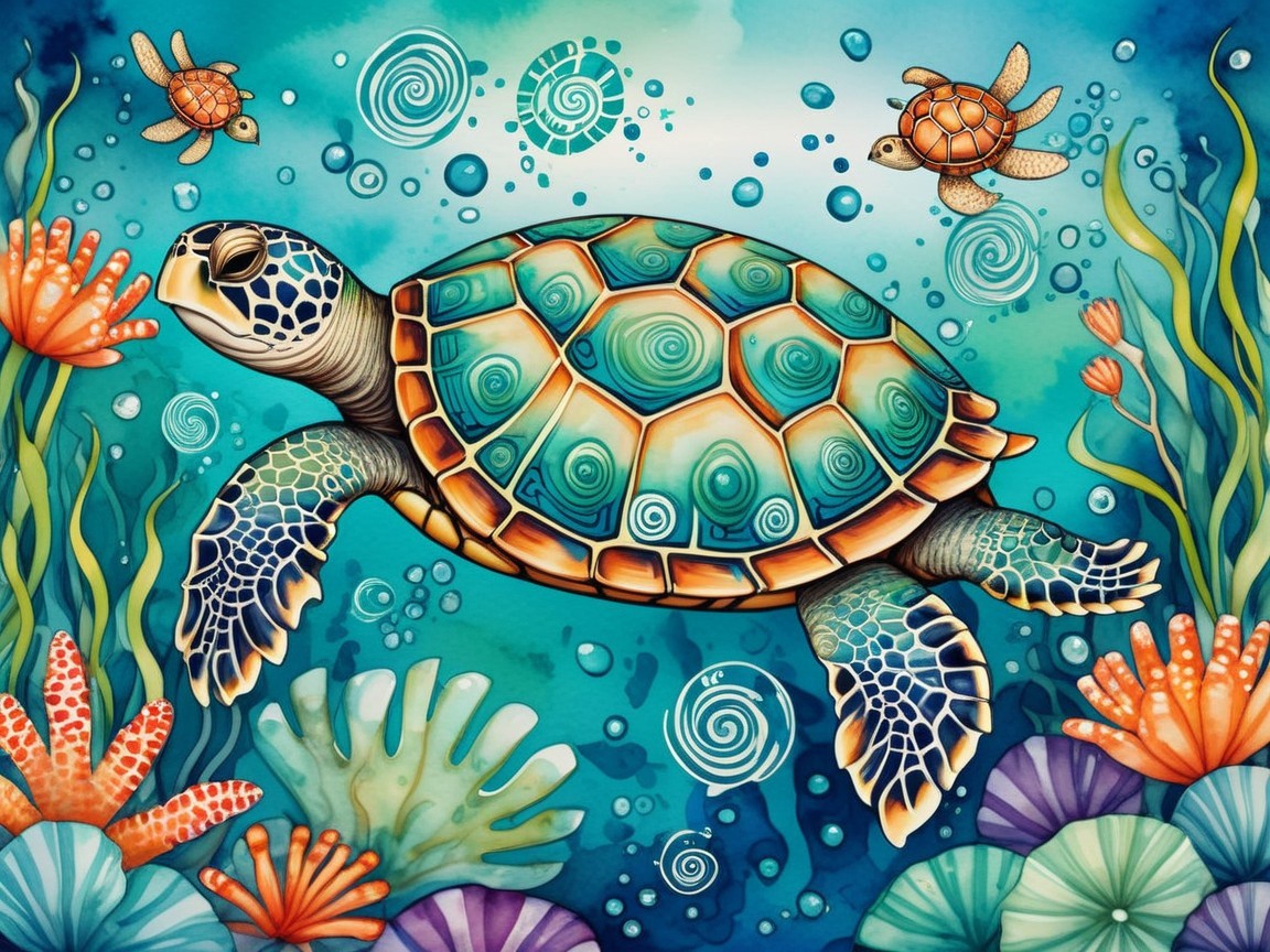 Vibrant Underwater Scene with Colorful Turtle and Corals