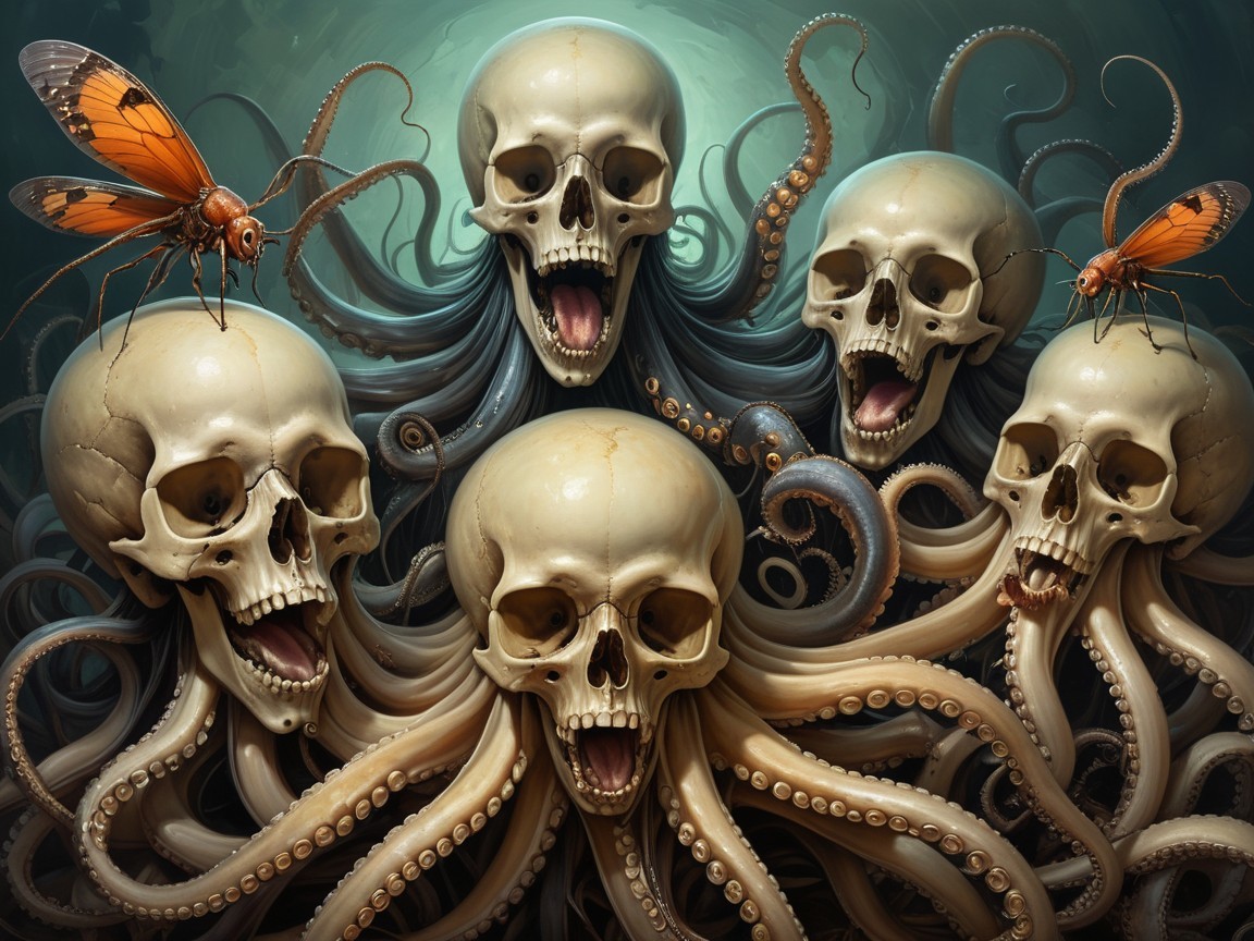 Surreal Composition of Skulls and Octopus Tentacles
