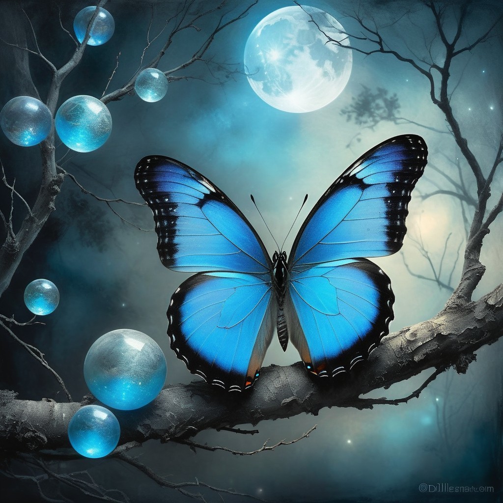 Blue Butterfly on Branch in Mystical Night Scene