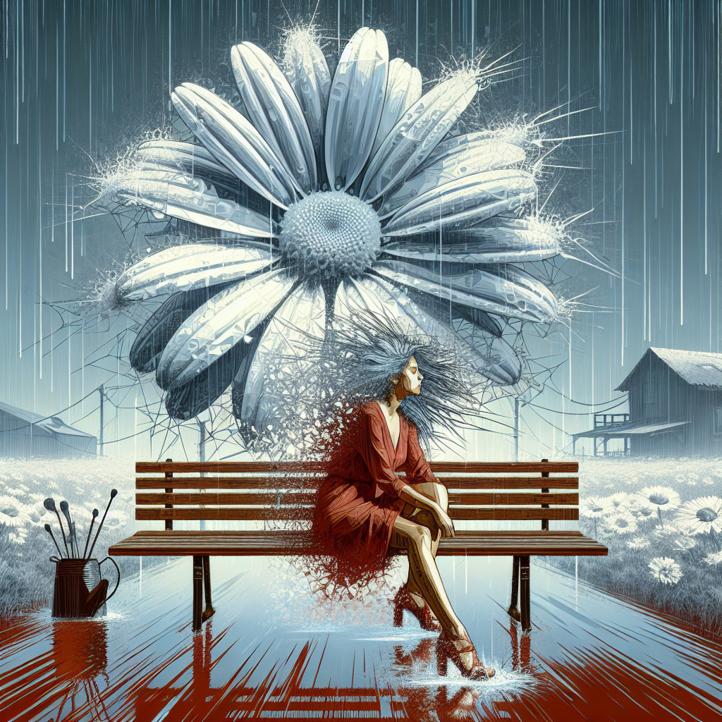 Woman in Red Dress Under Floral Structure in Rain