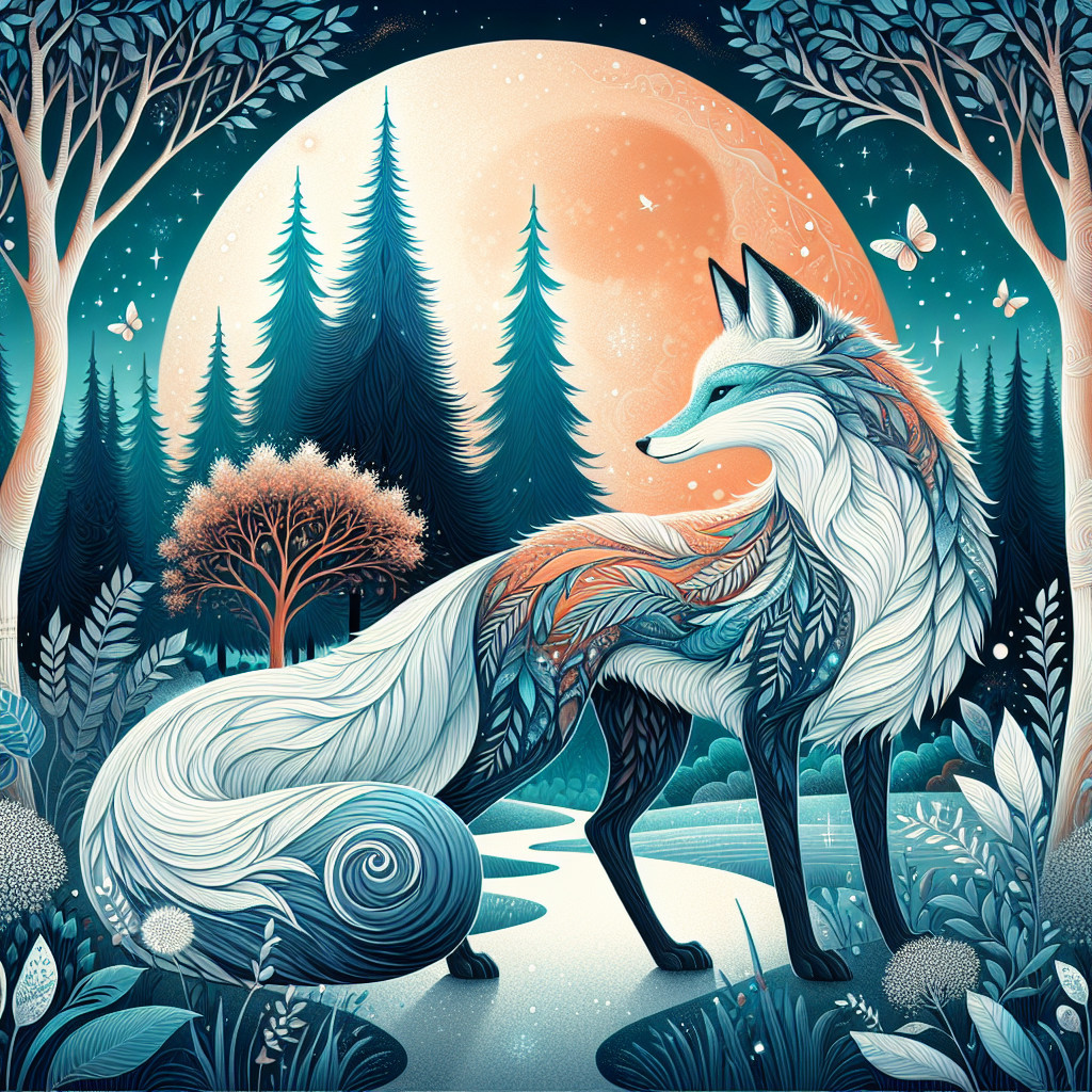 Stylized fox in vibrant landscape with moonlit glow