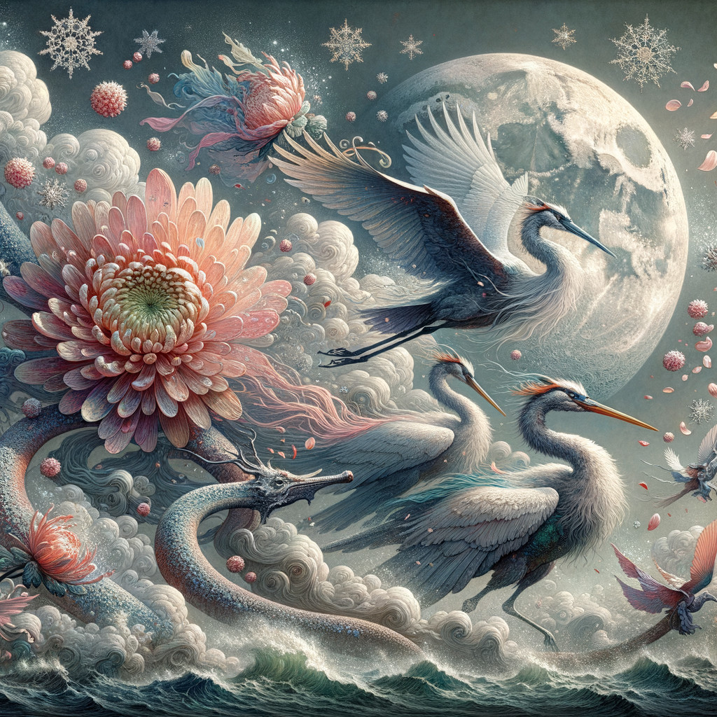 Surreal Landscape with Cranes and Dreamy Moon