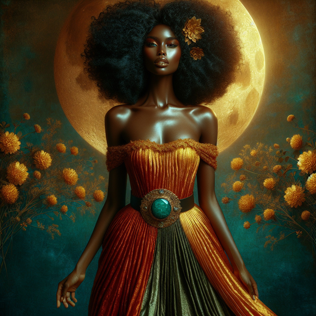 Elegant figure in a golden dress with floral accents