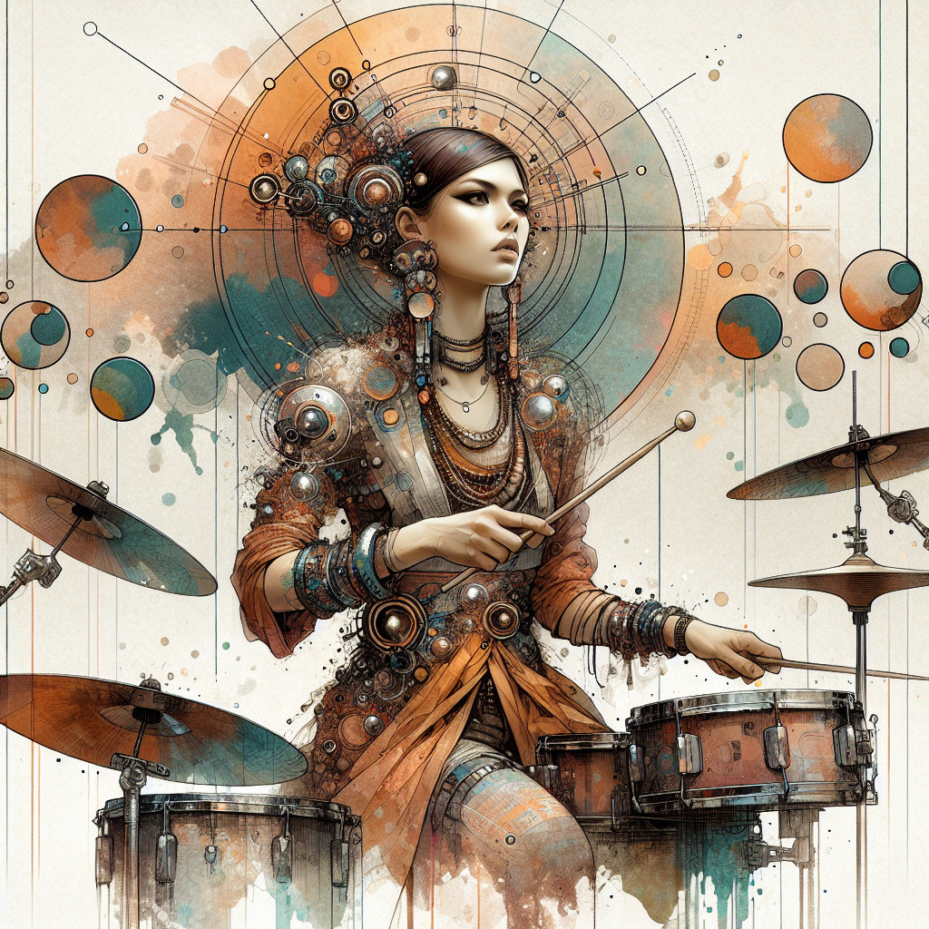 Illustration of a Female Drummer in Art Nouveau Style
