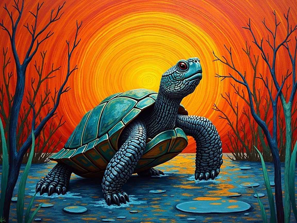 Surreal Painting of a Turtle in a Tranquil Pond