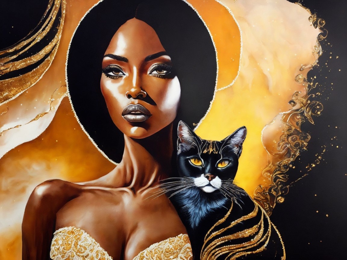 Artwork of a Confident Woman with a Black Cat