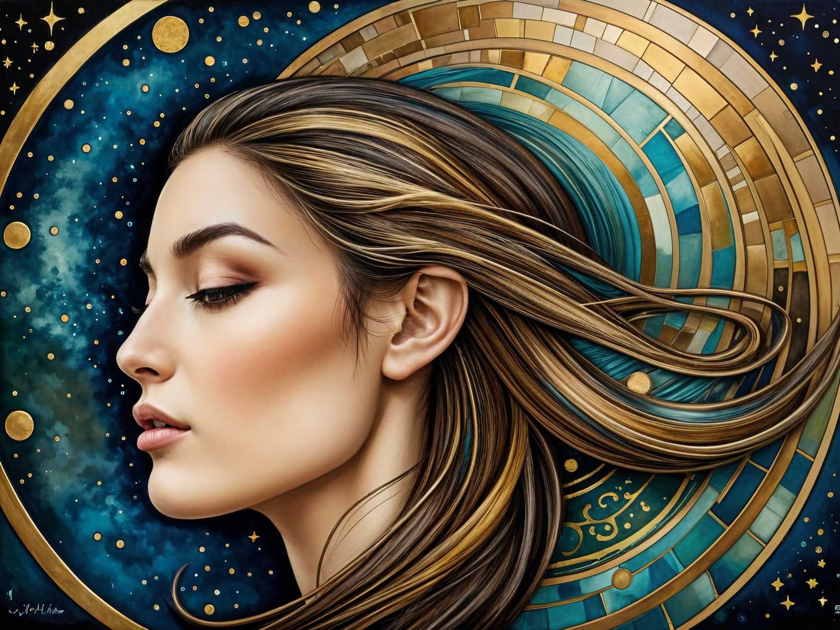 Young Woman Profile Against Cosmic Backdrop