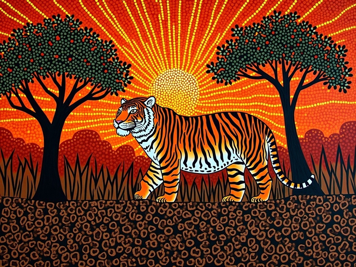 Vibrant Tiger in Colorful Stylized Landscape Scene