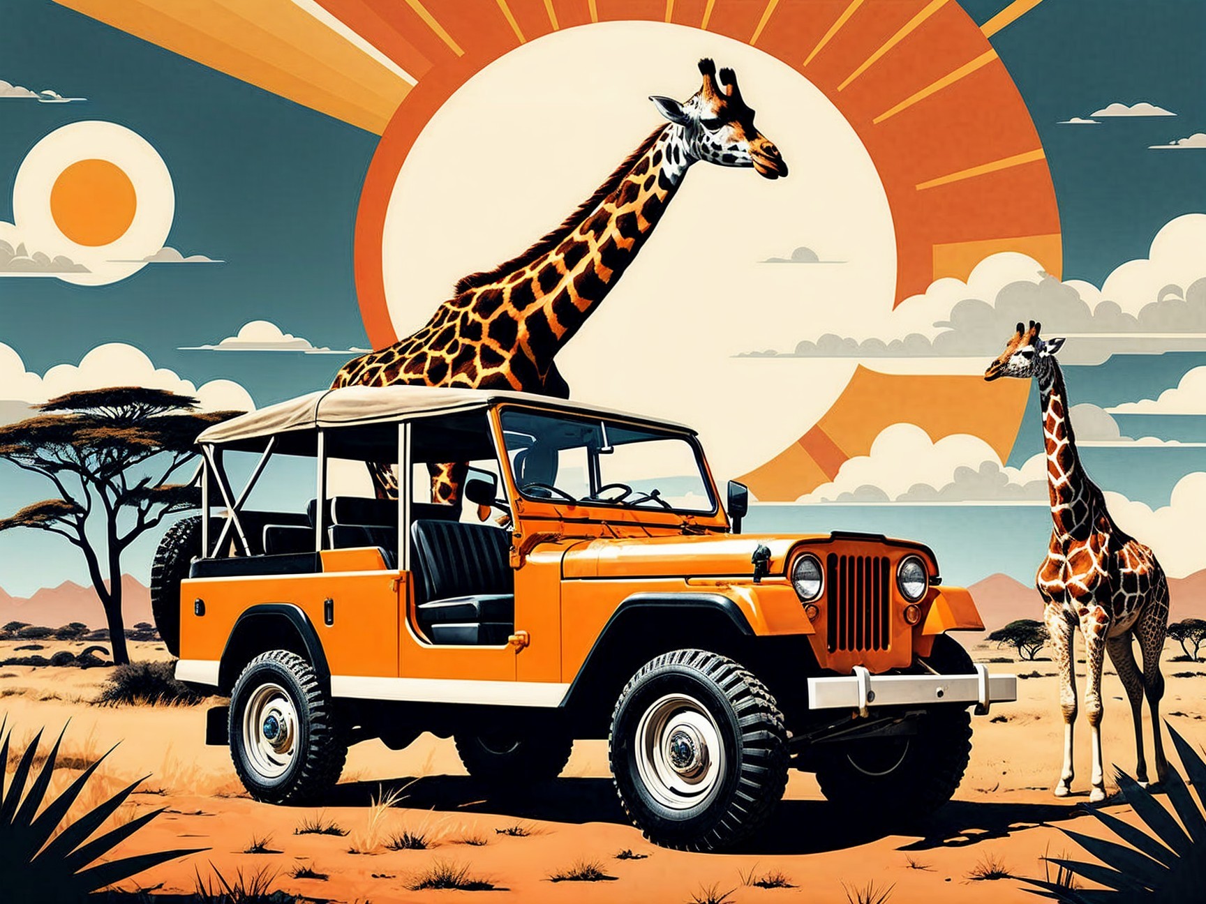 Vintage Jeep in Savanna with Giraffes at Sunset