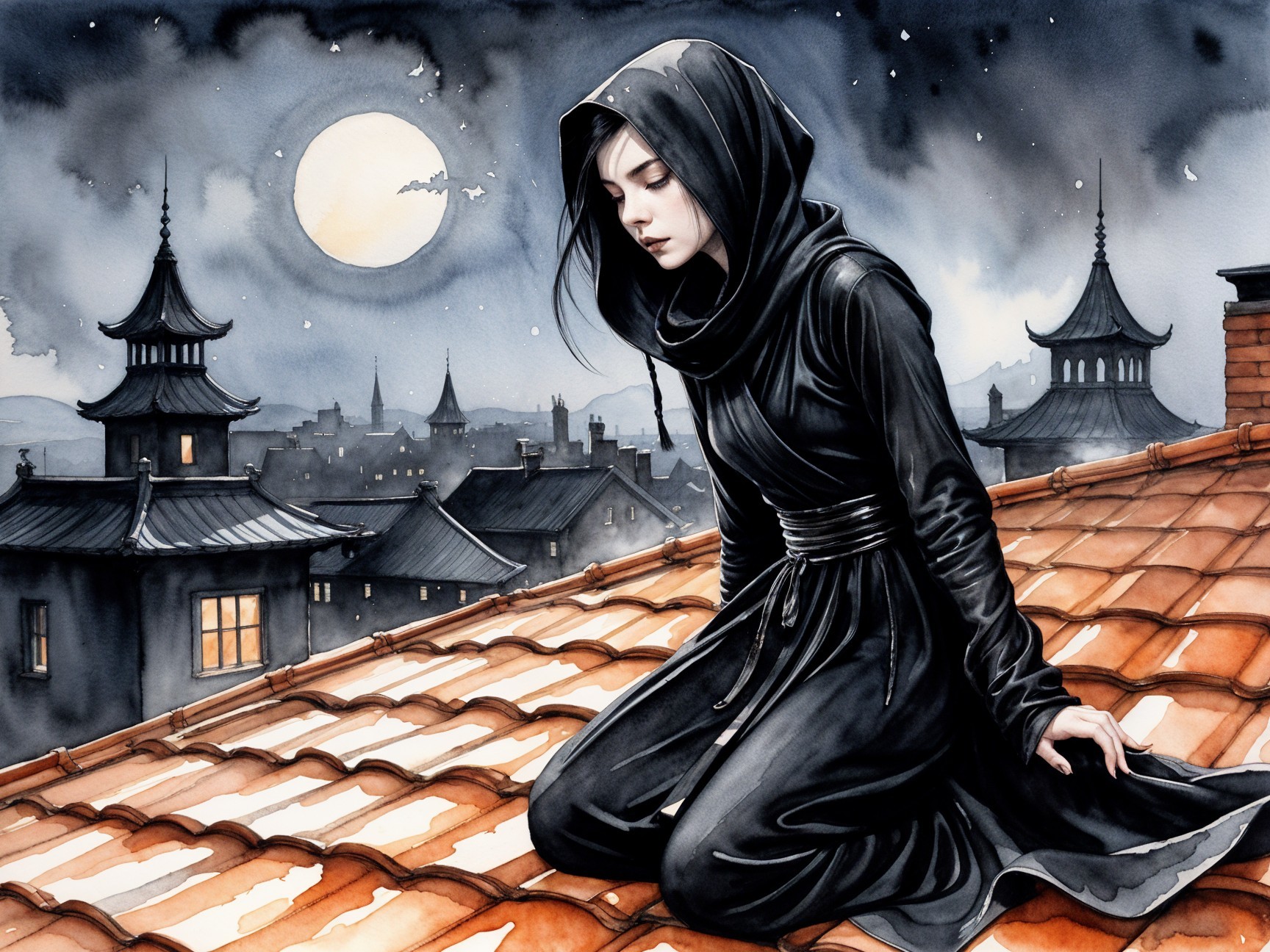 Cloaked Figure on Rooftop Overlooking City at Night