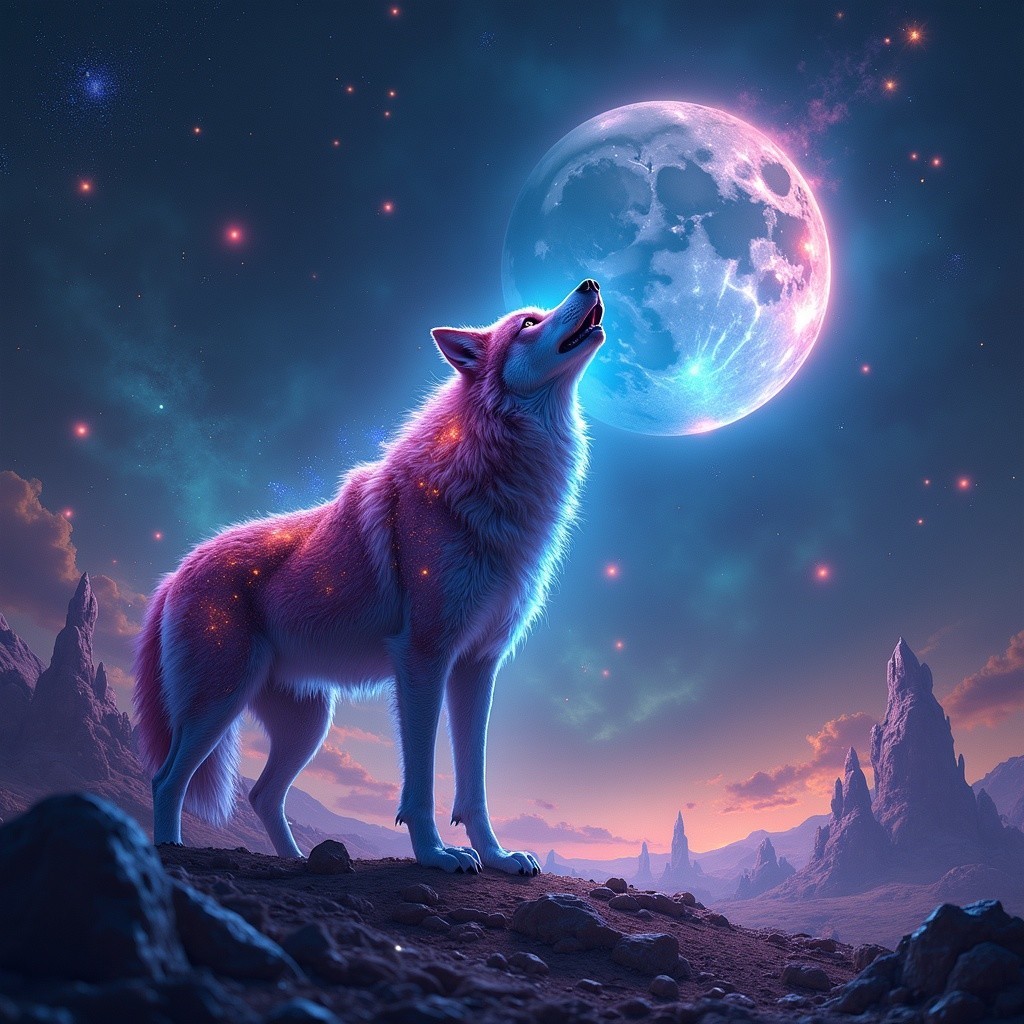 Wolf Howling at a Luminous Moon in Starry Landscape