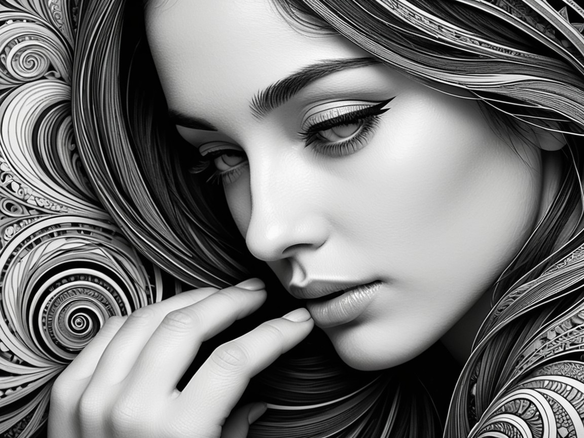 Black-and-white artwork of a woman's face with patterns