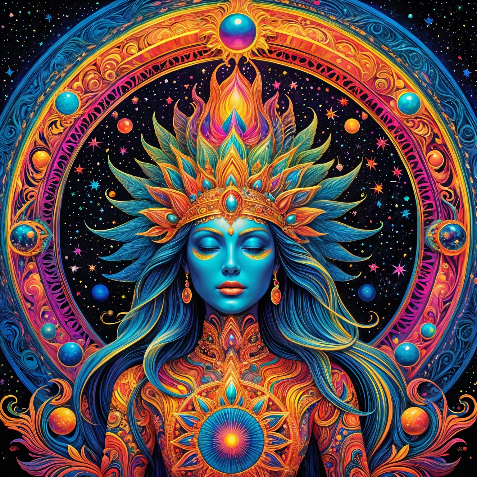 Mystical Figure in Cosmic Setting with Vibrant Colors