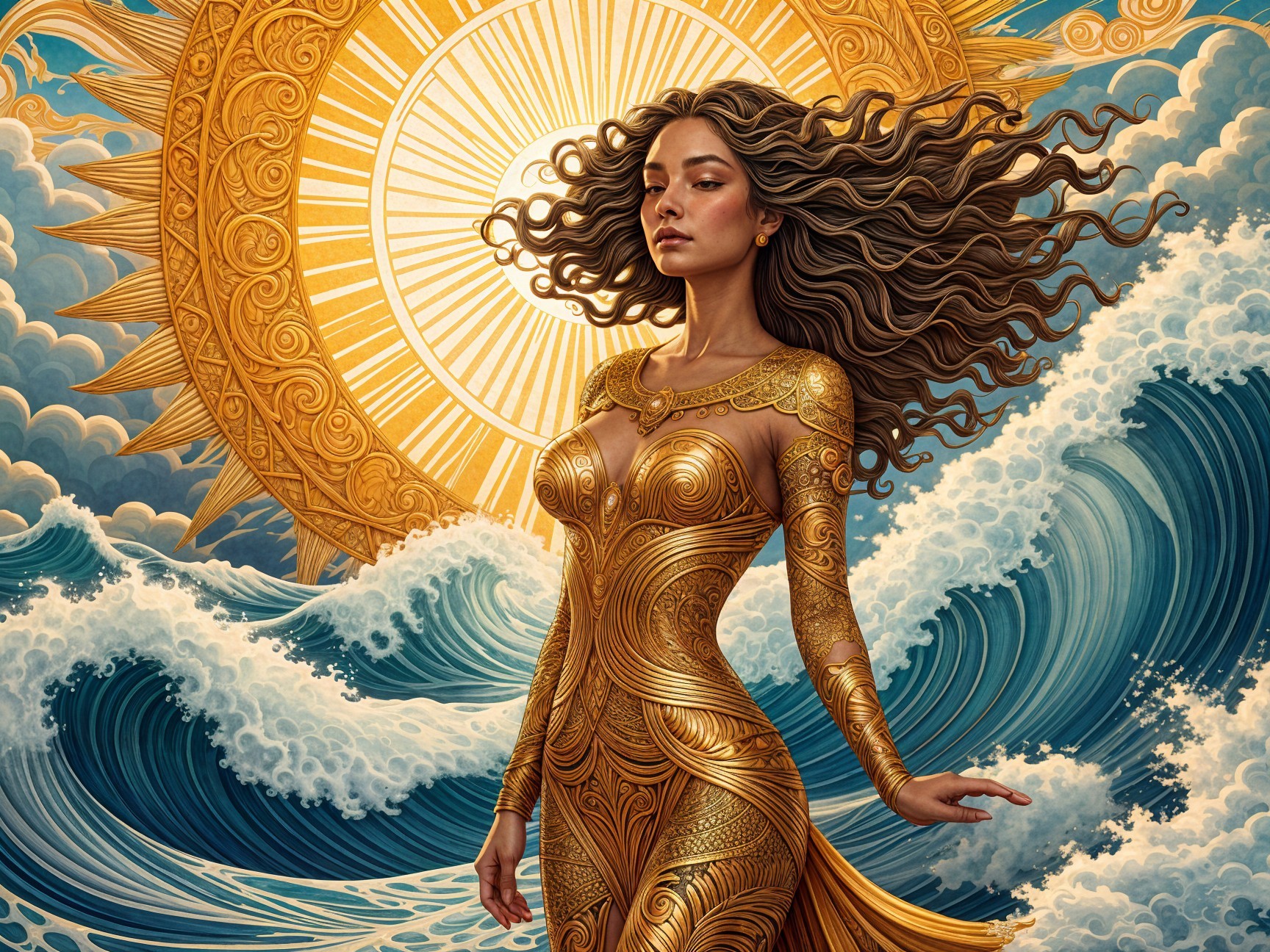 Majestic figure in gold dress against vibrant waves