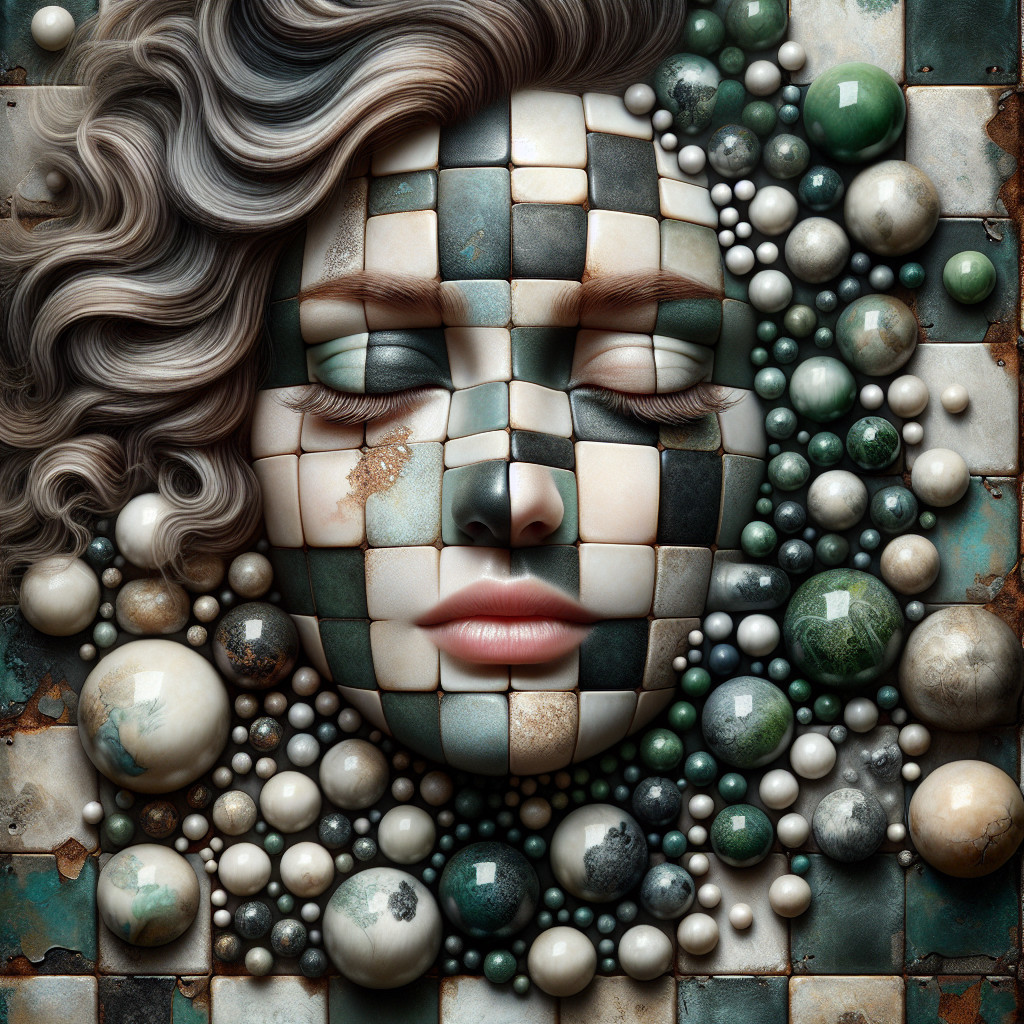 Surreal Face with Mosaic Tiles and Earthy Tones