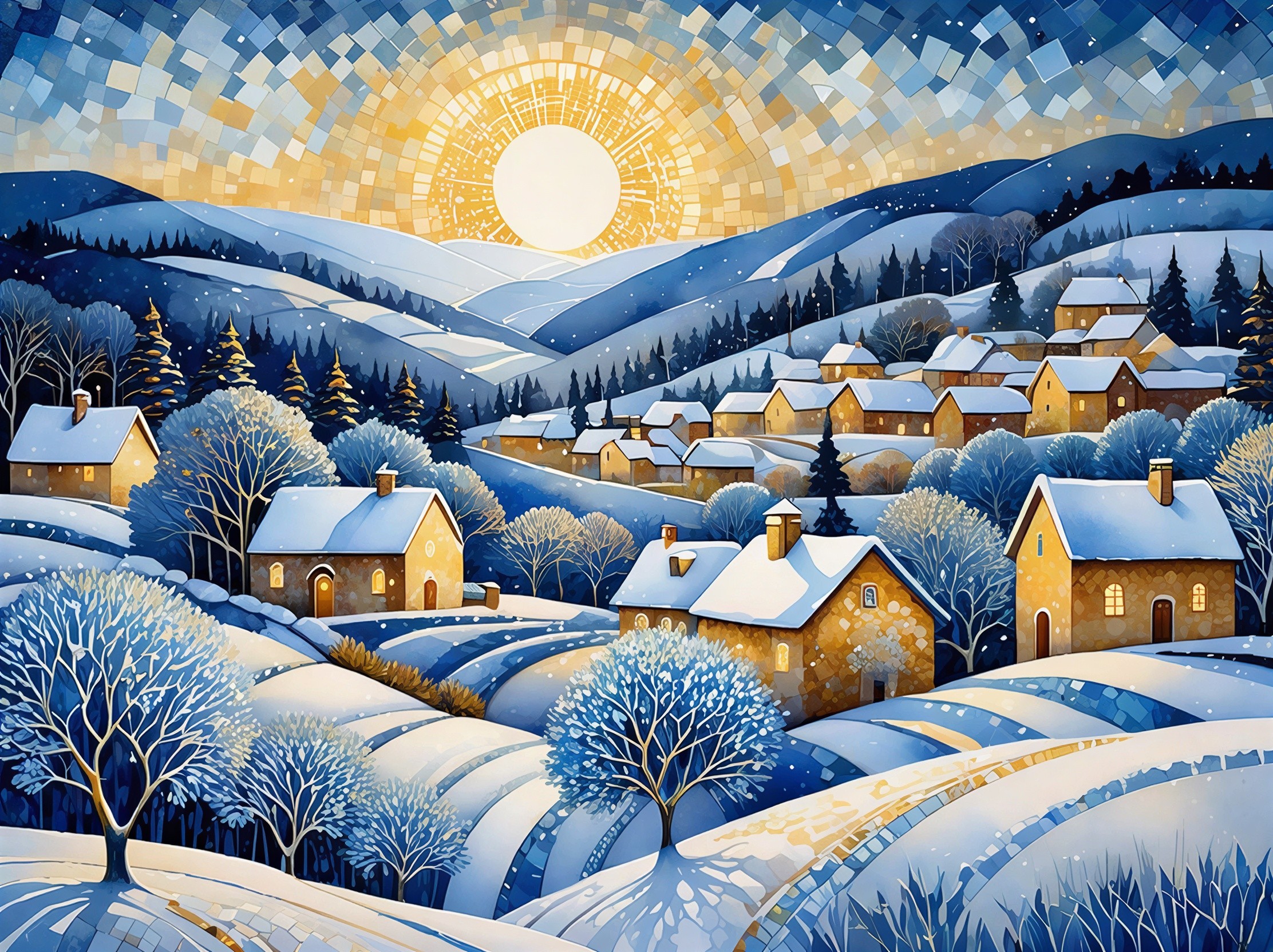 Digital Watercolor Mosaic of a Winter Village Scene