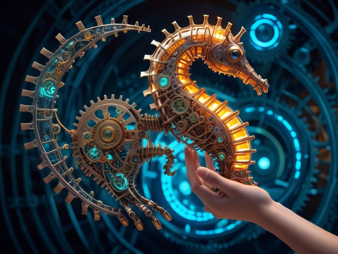 Close-Up of a Gold Robotic Seahorse in Hand