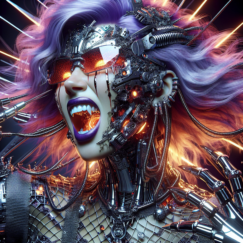 Futuristic Cybernetic Figure with Purple Hair and Fangs