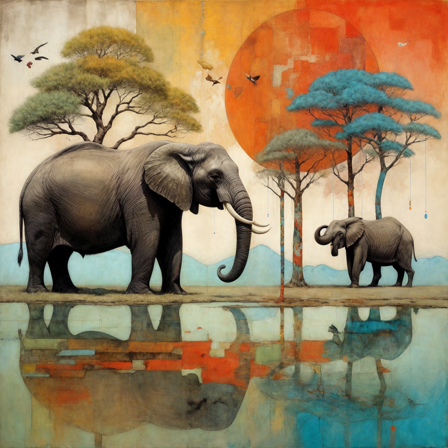 Elephants by Reflective Water at Sunset in Artwork