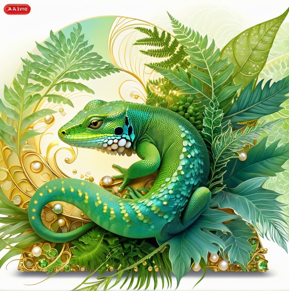 Vibrant Lizard Among Lush Green Foliage and Pearls