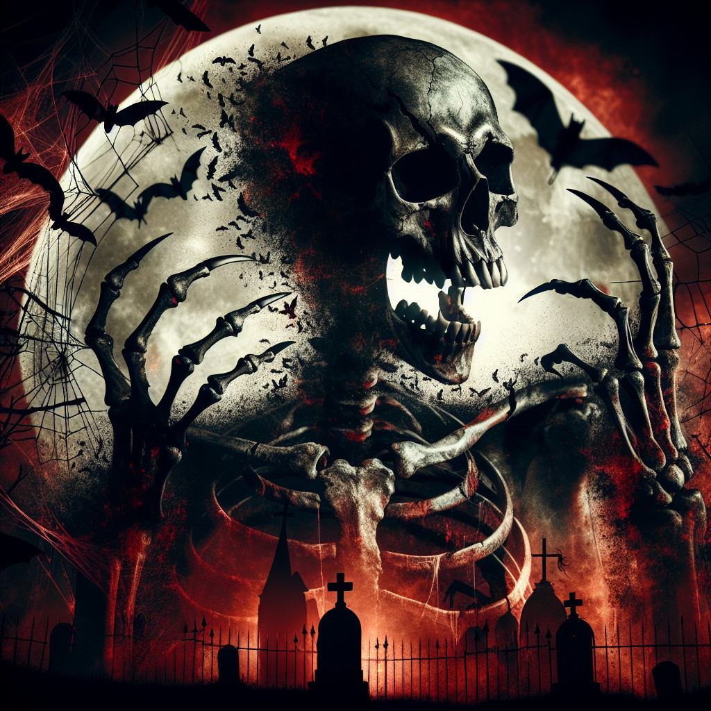 Skeleton Under Full Moon in Eerie Graveyard Scene