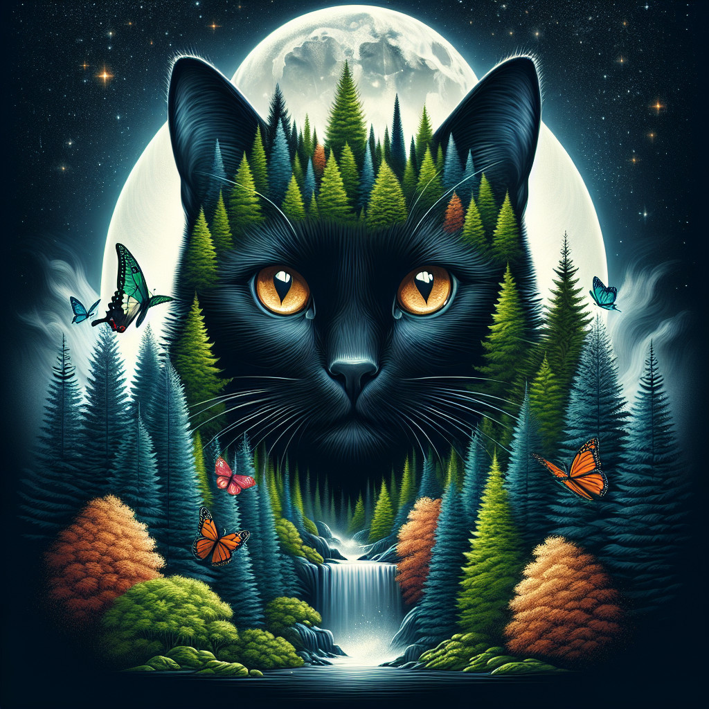 Surreal Illustration of a Cat in a Forest Setting