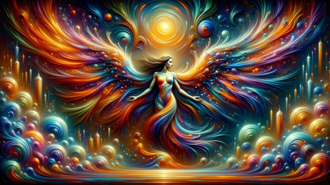 Ethereal Figure with Colorful Wings in Cosmic Scene