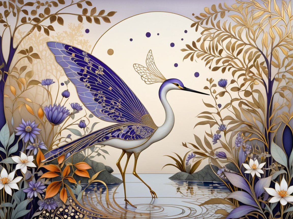 Heron by Tranquil Lake with Lush Foliage and Moonlight