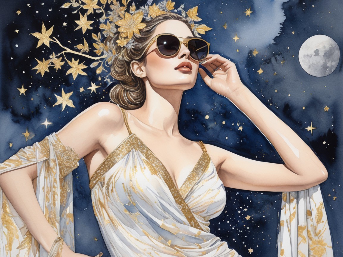 Glamorous Woman in White Gown Under Starry Sky