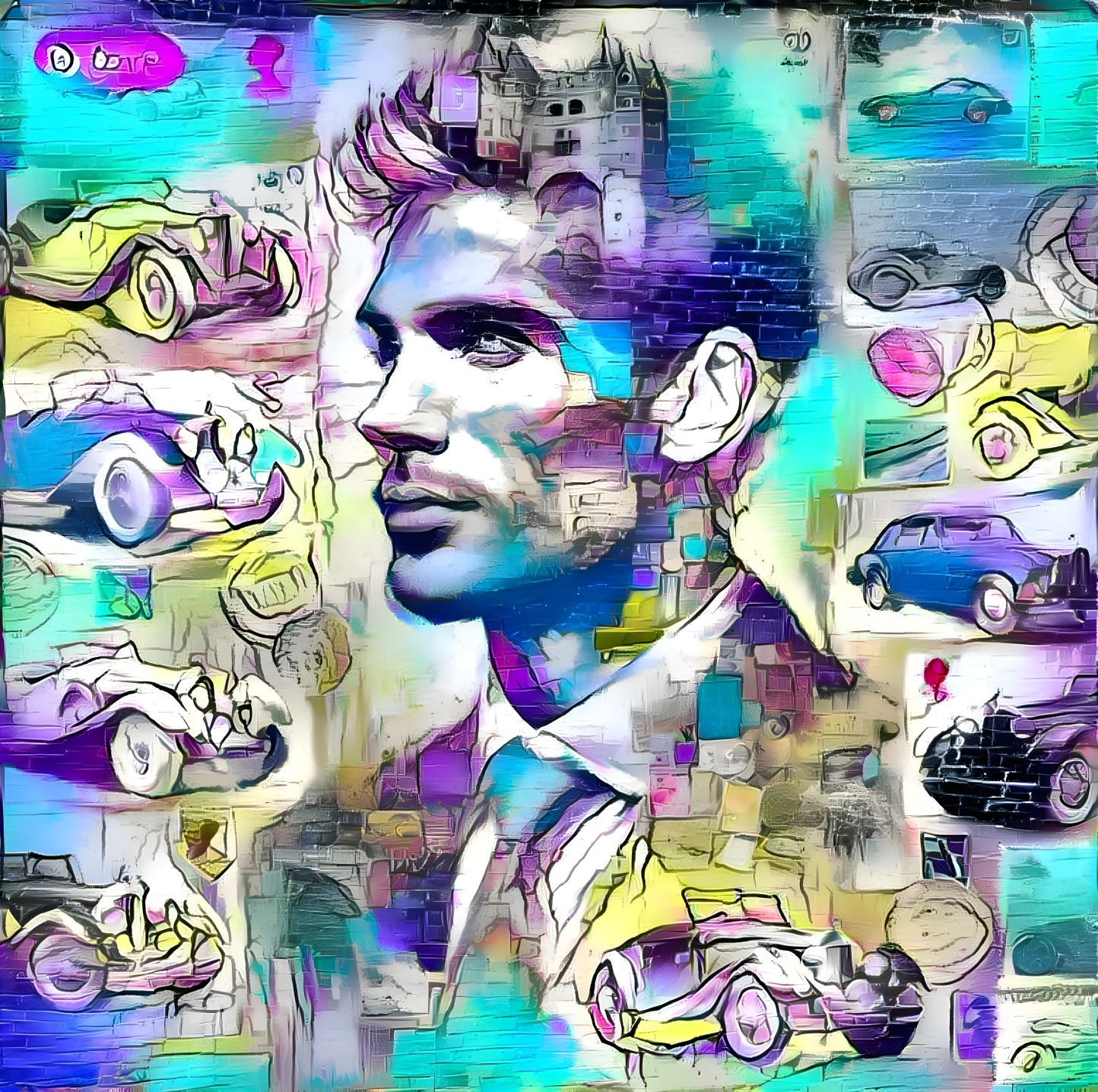 Abstract Man in Suit with Vintage Cars and Graffiti