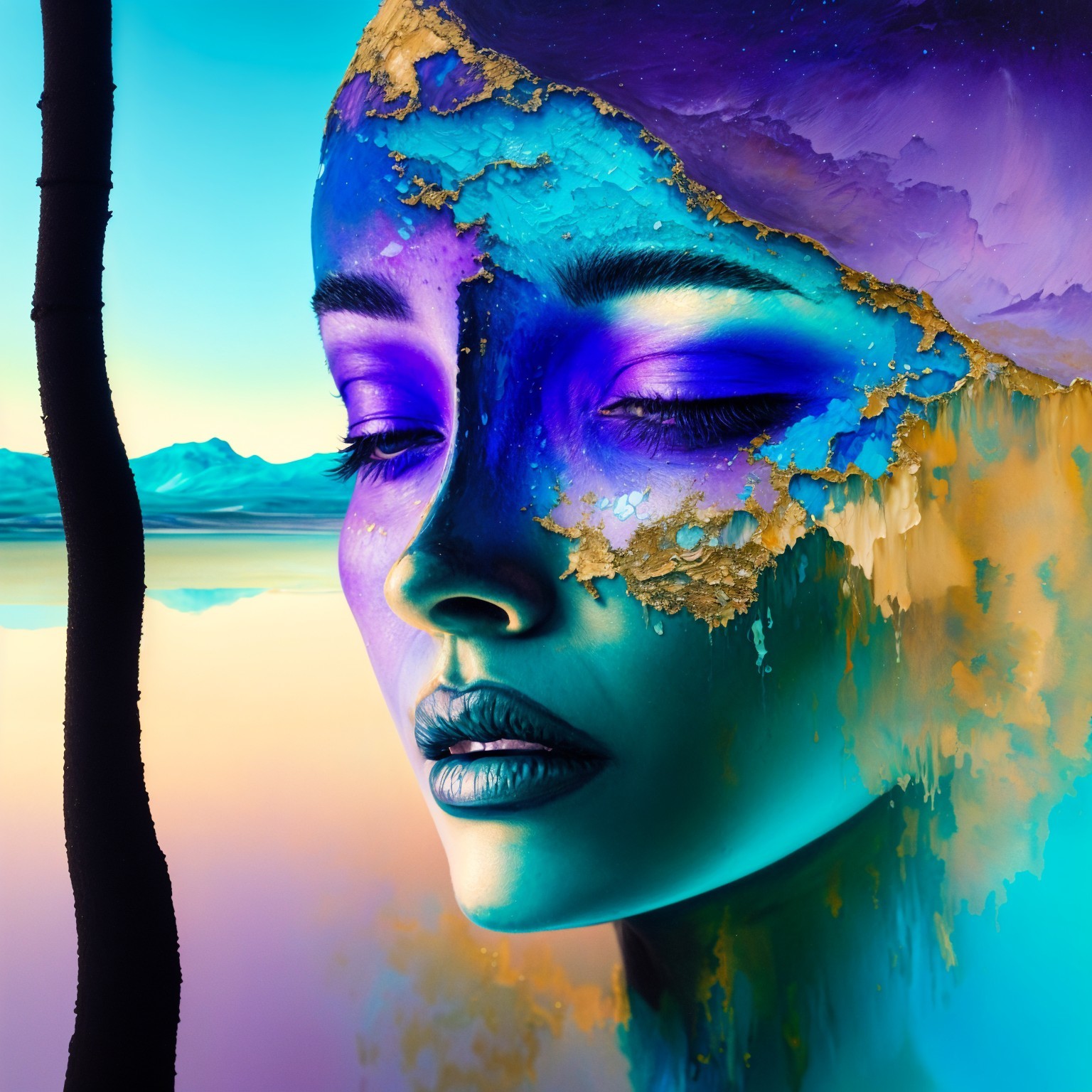 Serene Face in Vibrant Surreal Landscape Art
