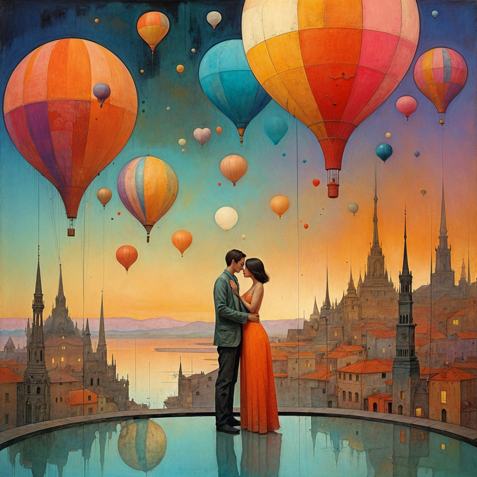 Couple in Twilight with Hot Air Balloons and Landscape