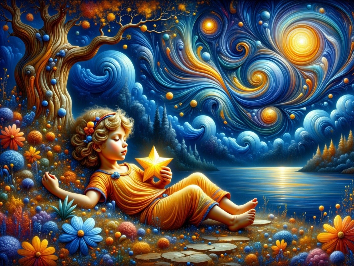 Serene Child by Tranquil Lake with Golden Star