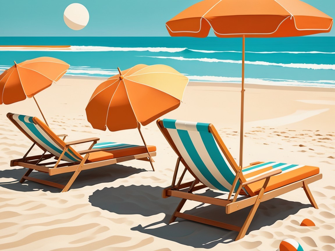 Beach loungers and umbrellas on sandy shore scene