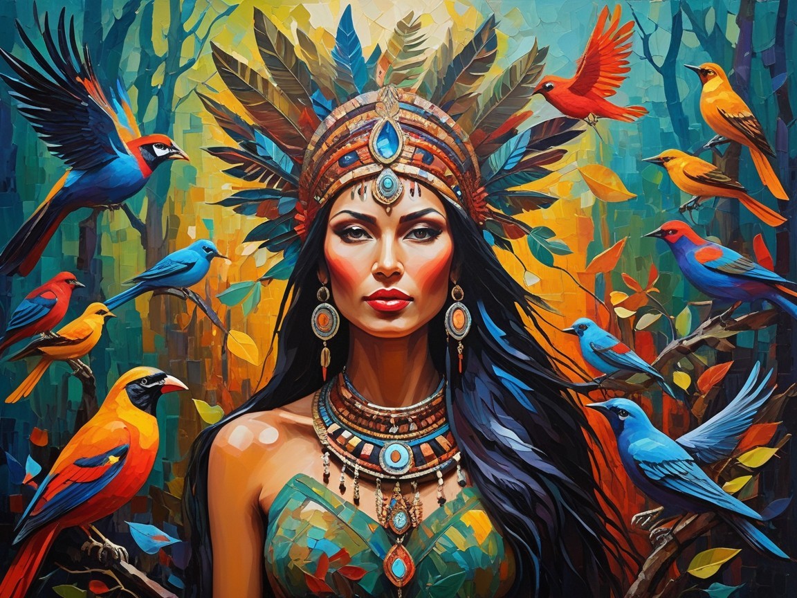 Colorful Artwork of Woman with Jewelry and Birds