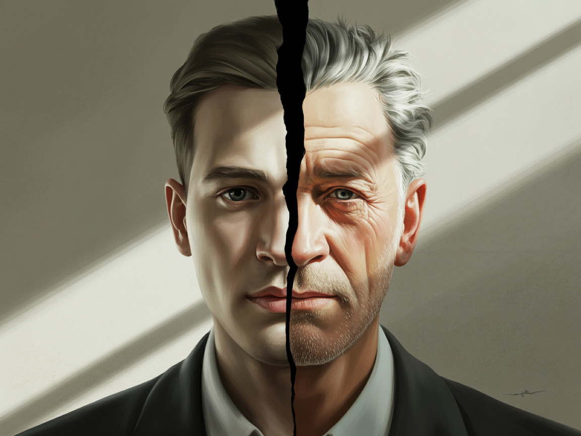 Split Portrait of Youth and Age with Dramatic Lighting