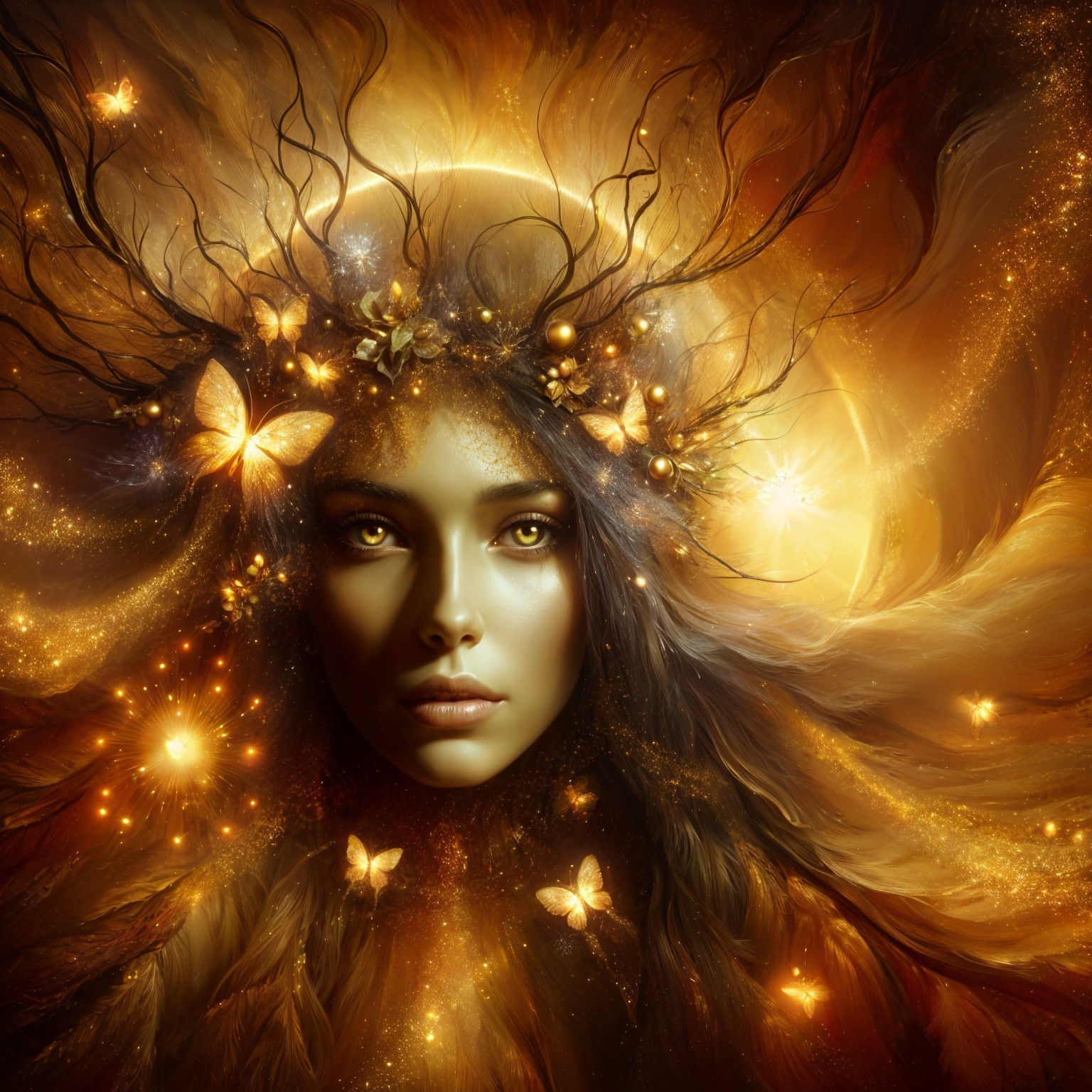Portrait of a woman in cosmic golden hues and butterflies