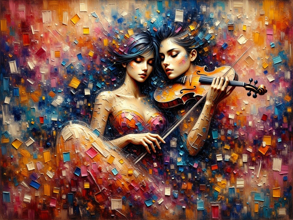 Stylized Female Figures in Harmonious Musical Scene